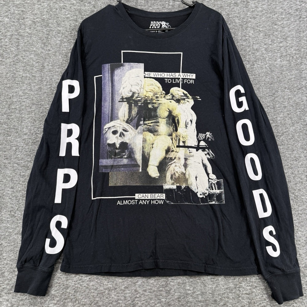 PRPS Goods Co Long Sleeve Shirt Mens L Black Graphic Statue Angel Cotton Tee